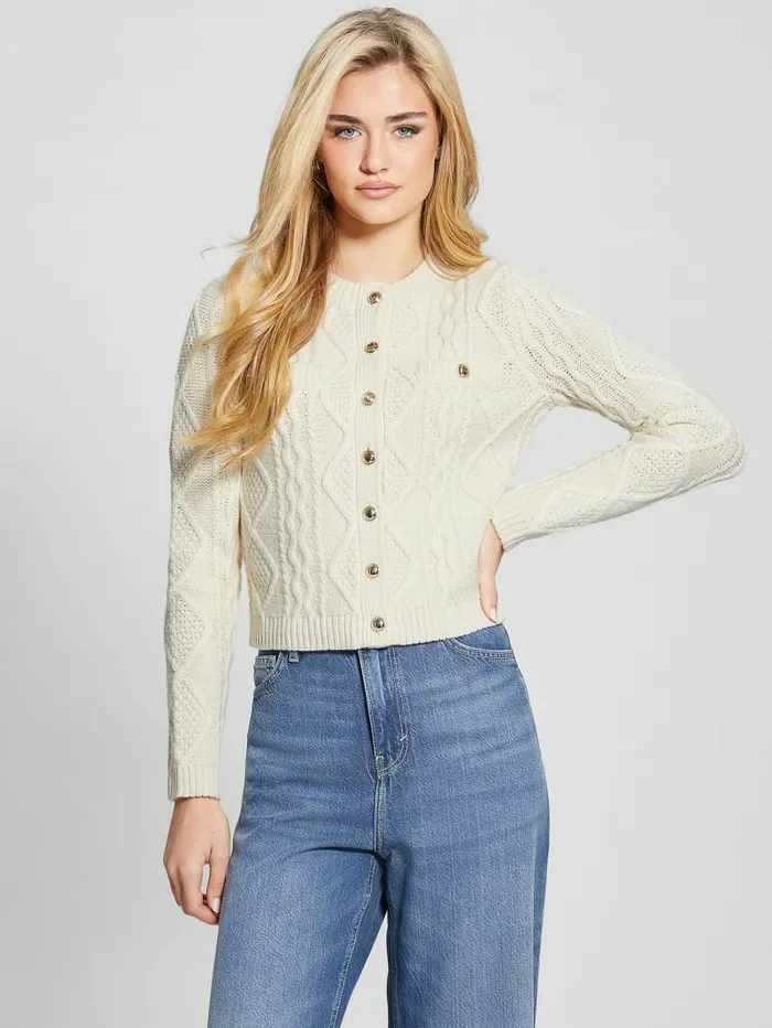 Tops Women GUESS Chiba Cable Cardigan Pearl Oyster Tops Women GUESS Chiba Cable Cardigan Pearl Oyster