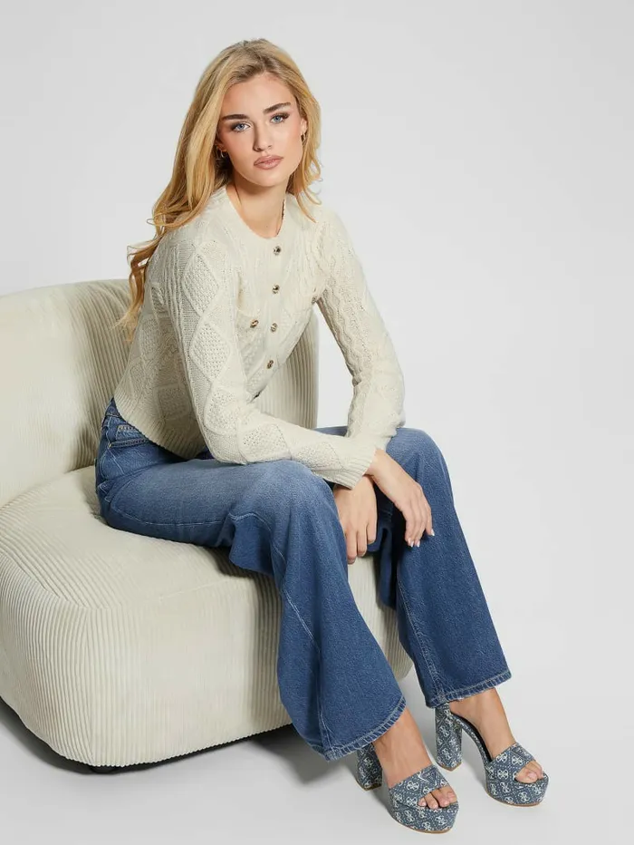 Tops Women GUESS Chiba Cable Cardigan Pearl Oyster Tops Women GUESS Chiba Cable Cardigan Pearl Oyster