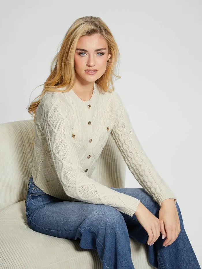 Tops Women GUESS Chiba Cable Cardigan Pearl Oyster Tops Women GUESS Chiba Cable Cardigan Pearl Oyster