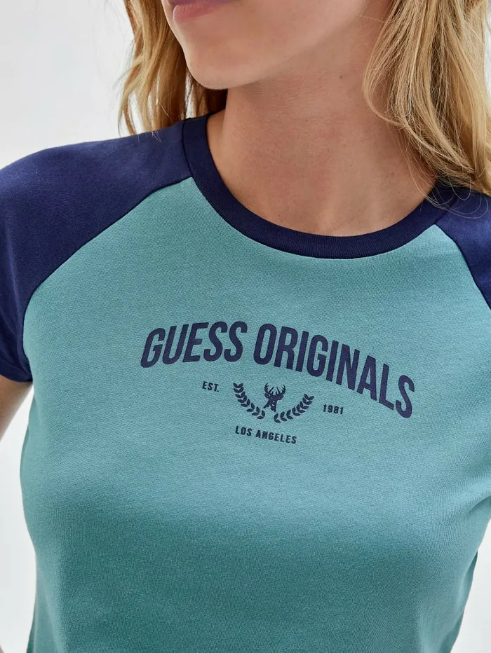 Tops Women GUESS GUESS Originals Raglan Crop Baby Tee Soft Teal Multi