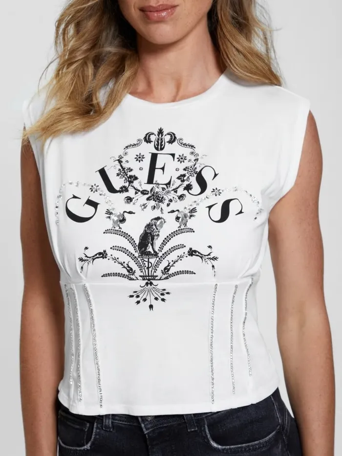 Tops Women Queen Graphic Corset Tee Pure White GUESS Tops Women Queen Graphic Corset Tee Pure White GUESS