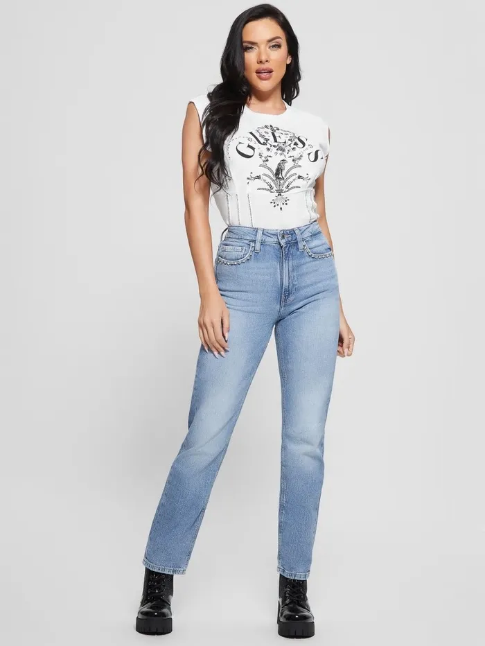 Tops Women Queen Graphic Corset Tee Pure White GUESS Tops Women Queen Graphic Corset Tee Pure White GUESS
