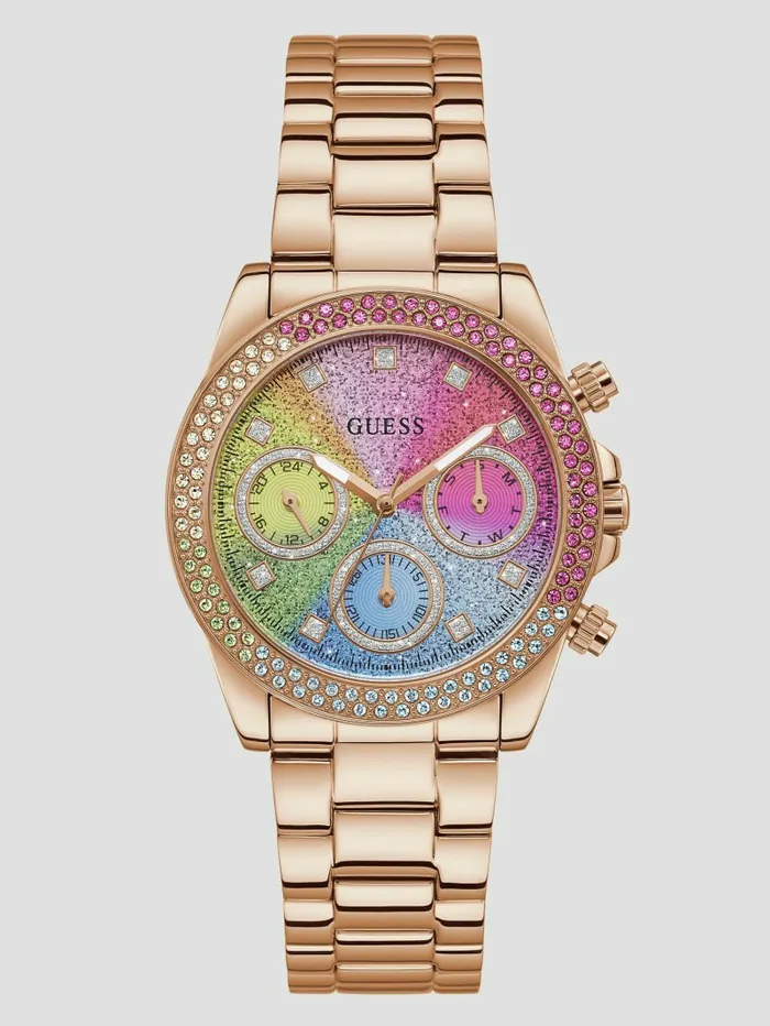 Watches GUESS Women Rose GoldTone and Rainbow Multifunction Watch Rose Gold