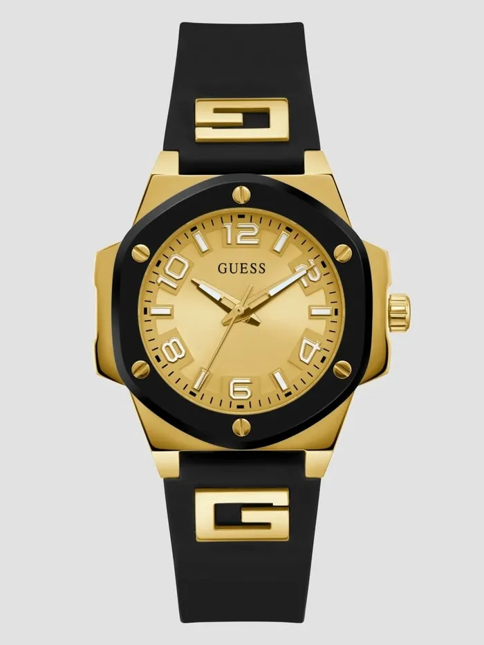 Watches Women GoldTone and Black Silicone Analog Watch Black Snakeskin GUESS