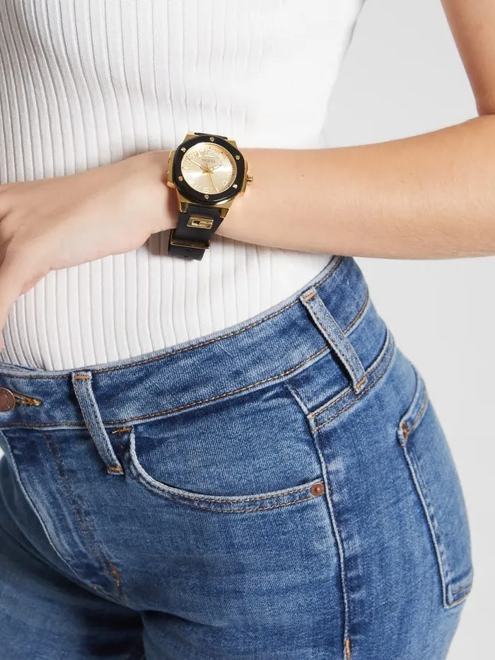 Watches Women GoldTone and Black Silicone Analog Watch Black Snakeskin GUESS Watches Women GoldTone and Black Silicone Analog Watch Black Snakeskin GUESS
