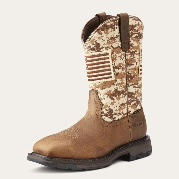 Western Boots Men Ariat WorkHog Patriot Steel Toe Work Boot Earth Sand Camo