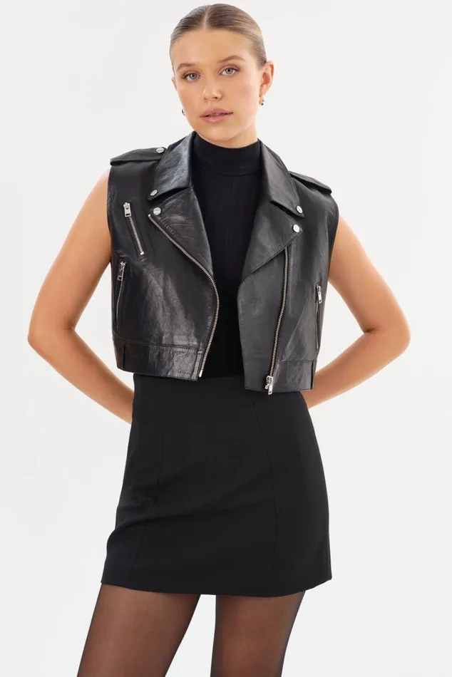Women AMALIA Leather Biker Vest Black LAMARQUE Leather Jackets