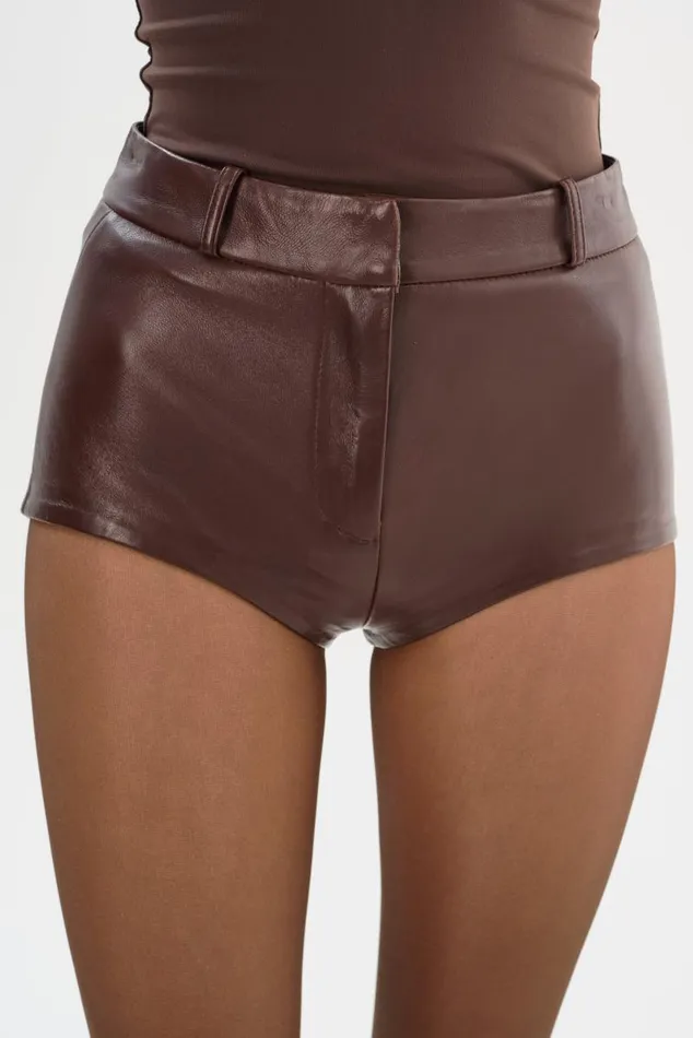 Women ANNAISE Leather Hot Shorts Chocolate Brown LAMARQUE Pants and Shorts