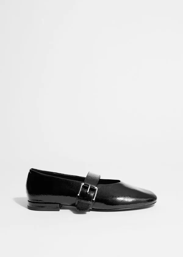 Women Ballerinas and Other Stories Buckled Leather Ballerinas Black