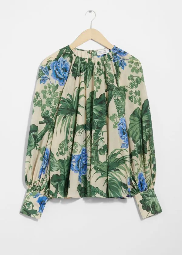 Women Blouses and Shirts and Other Stories VoluminousSleeve Blouse Greenandblue Florals