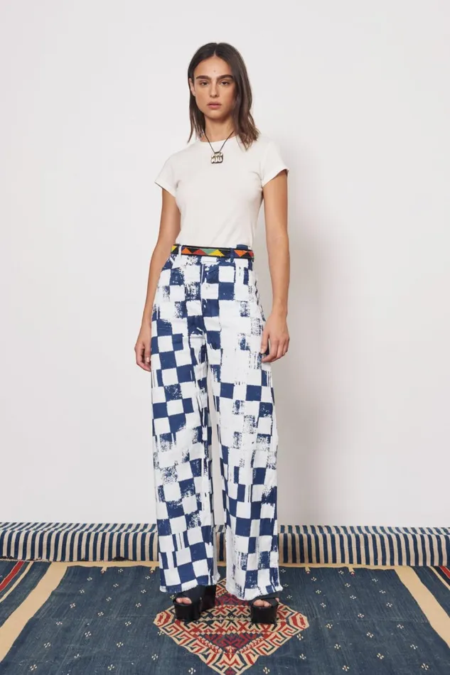 Women Check Tencel Twill Ice Blue and Midnight Tripoli Pant Raquel Allegra Bottoms