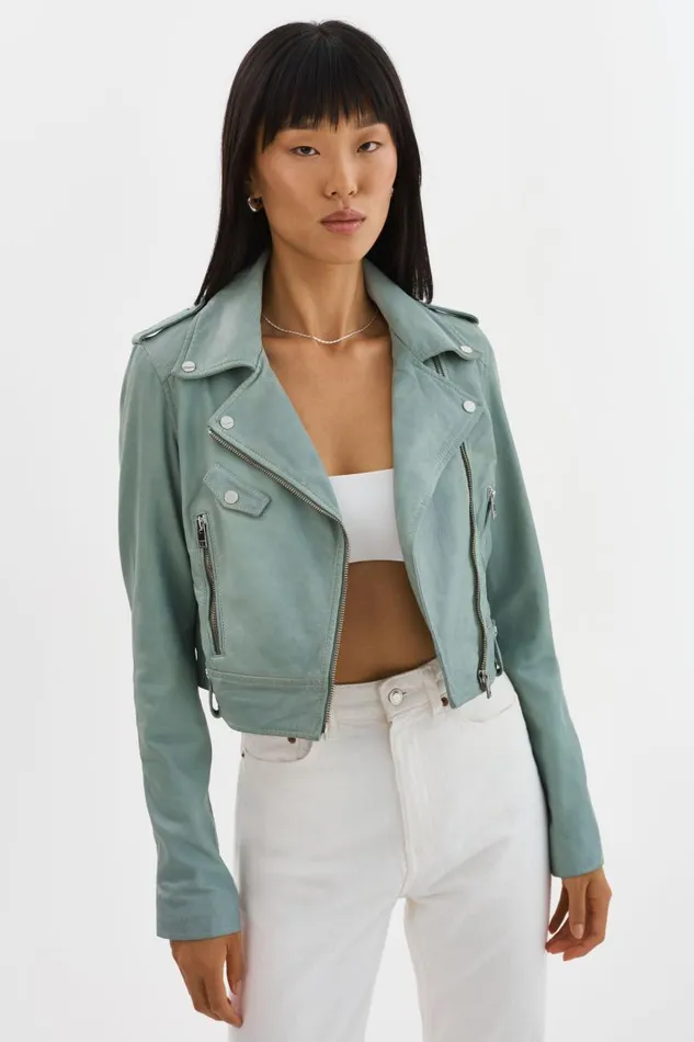 Women CIARA Cropped Leather Biker Jacket Eucalyptus LAMARQUE Leather Jackets