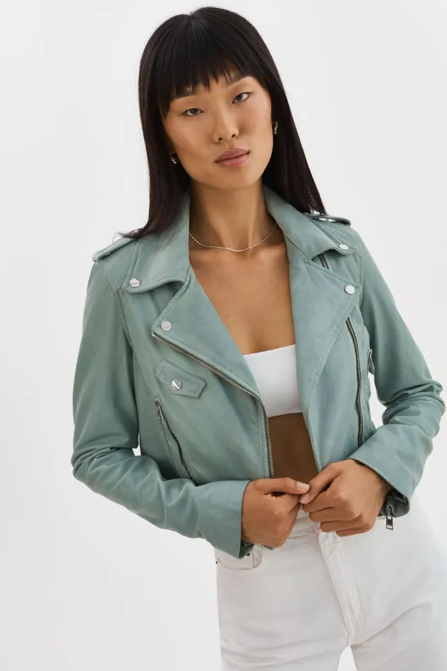 Women CIARA Cropped Leather Biker Jacket Eucalyptus LAMARQUE Leather Jackets Women CIARA Cropped Leather Biker Jacket Eucalyptus LAMARQUE Leather Jackets