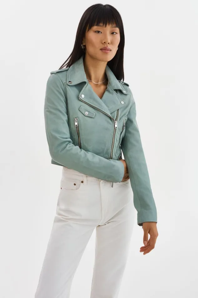Women CIARA Cropped Leather Biker Jacket Eucalyptus LAMARQUE Leather Jackets Women CIARA Cropped Leather Biker Jacket Eucalyptus LAMARQUE Leather Jackets