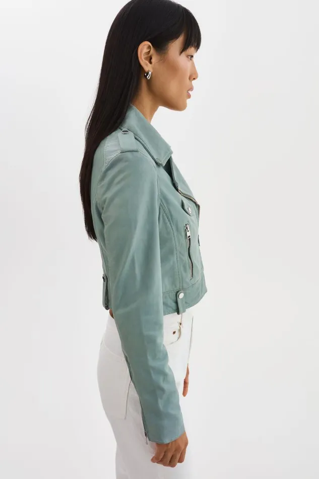 Women CIARA Cropped Leather Biker Jacket Eucalyptus LAMARQUE Leather Jackets Women CIARA Cropped Leather Biker Jacket Eucalyptus LAMARQUE Leather Jackets