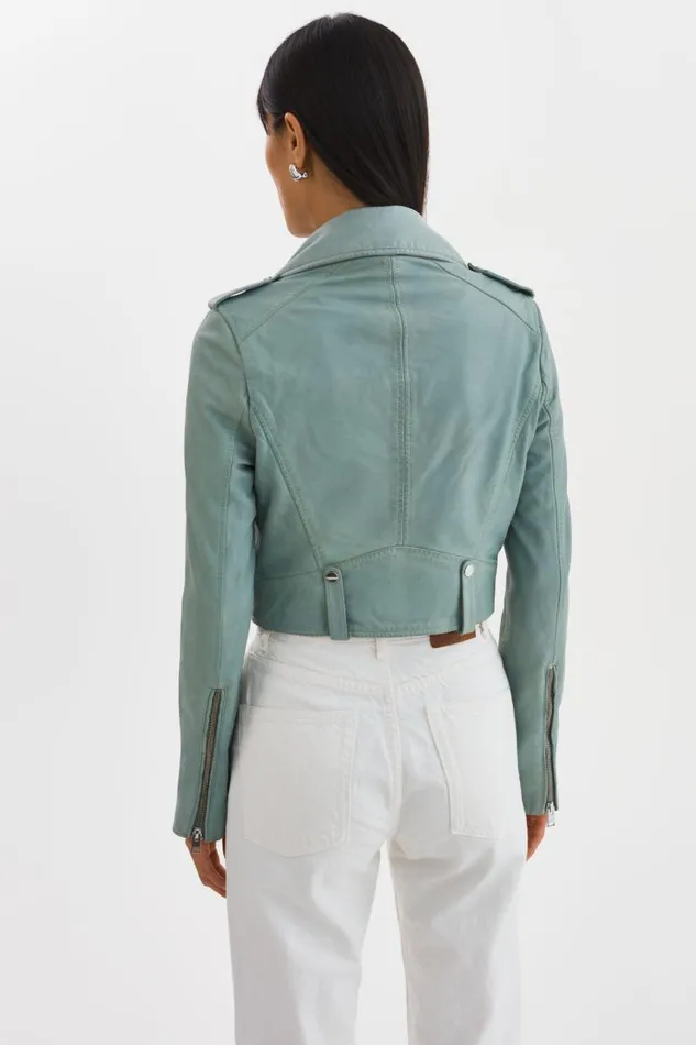 Women CIARA Cropped Leather Biker Jacket Eucalyptus LAMARQUE Leather Jackets Women CIARA Cropped Leather Biker Jacket Eucalyptus LAMARQUE Leather Jackets