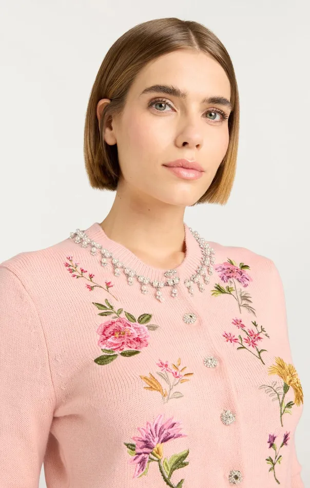 Women Cinq Sept Long Sleeve Tops Isolde Embroidered Cardigan Soft Pink Multi