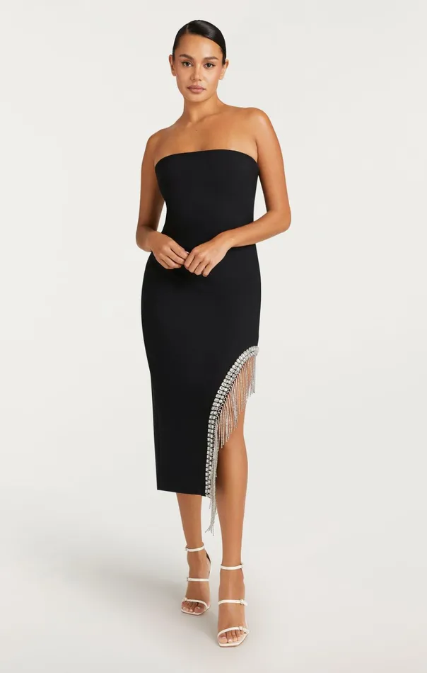 Women Cinq Sept Midi Rhinestone Fringe Sammy Dress Black
