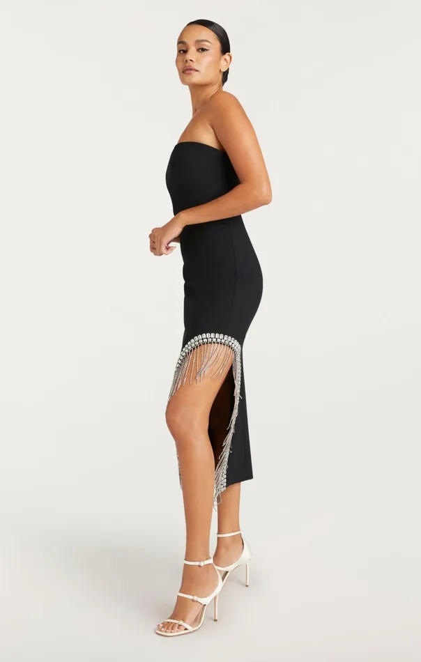 Women Cinq Sept Midi Rhinestone Fringe Sammy Dress Black