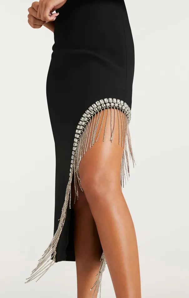 Women Cinq Sept Midi Rhinestone Fringe Sammy Dress Black
