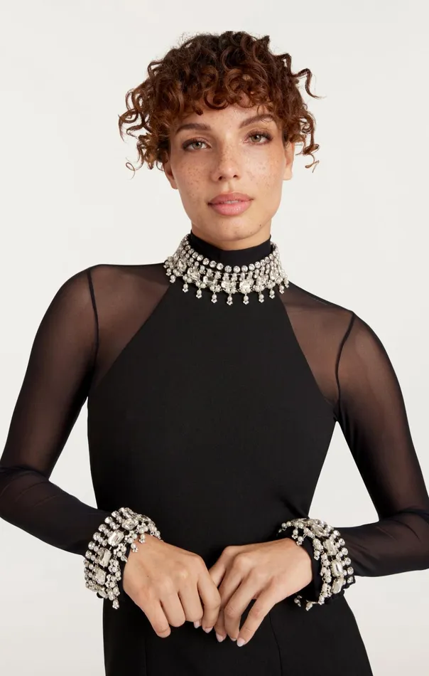 Women Cinq Sept Mini Pearl Trim Loretta Dress Blacksilver