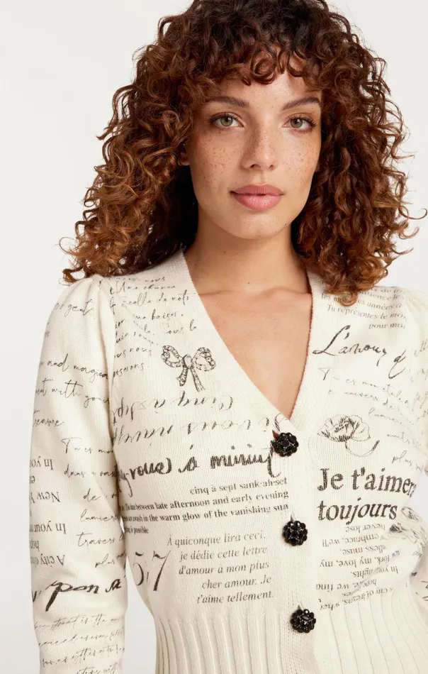 Women Cinq Sept Sweaters and Knits Printed Lovenotes Morgan Cardigan Ivoryblack