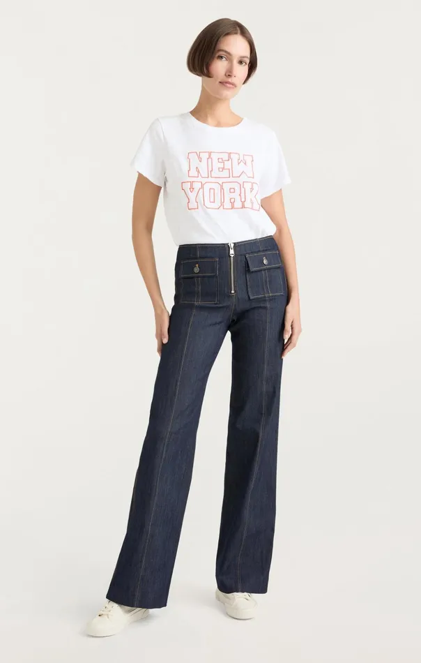 Women Cinq Sept Tees and Pullovers Chainstitch Paris New York Tee Whitedeep Tangelo
