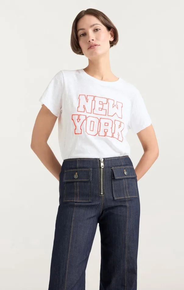Women Cinq Sept Tees and Pullovers Chainstitch Paris New York Tee Whitedeep Tangelo