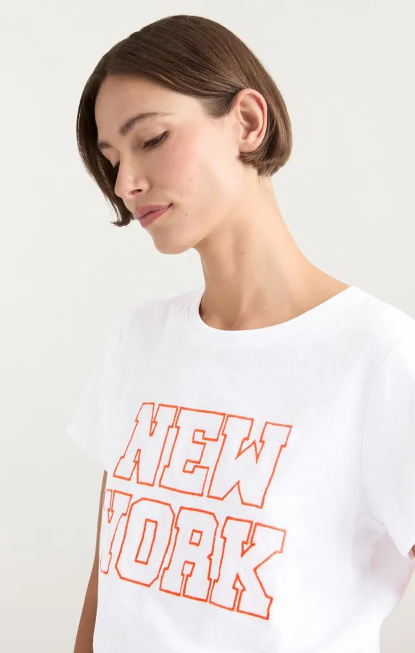 Women Cinq Sept Tees and Pullovers Chainstitch Paris New York Tee Whitedeep Tangelo
