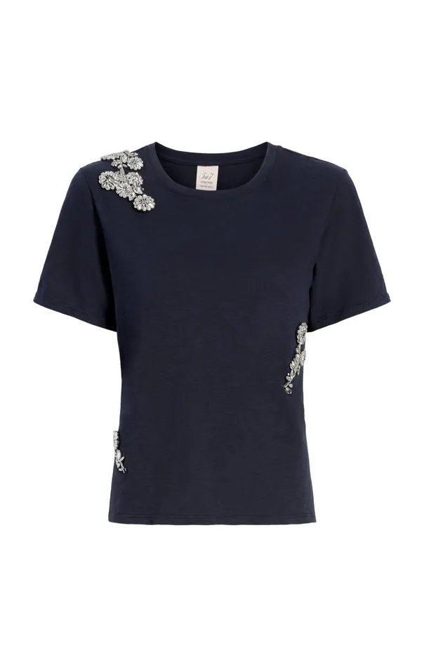 Women Cinq Sept Tees and Pullovers Crystal Chrysanthemum Shrunken Tee Navy