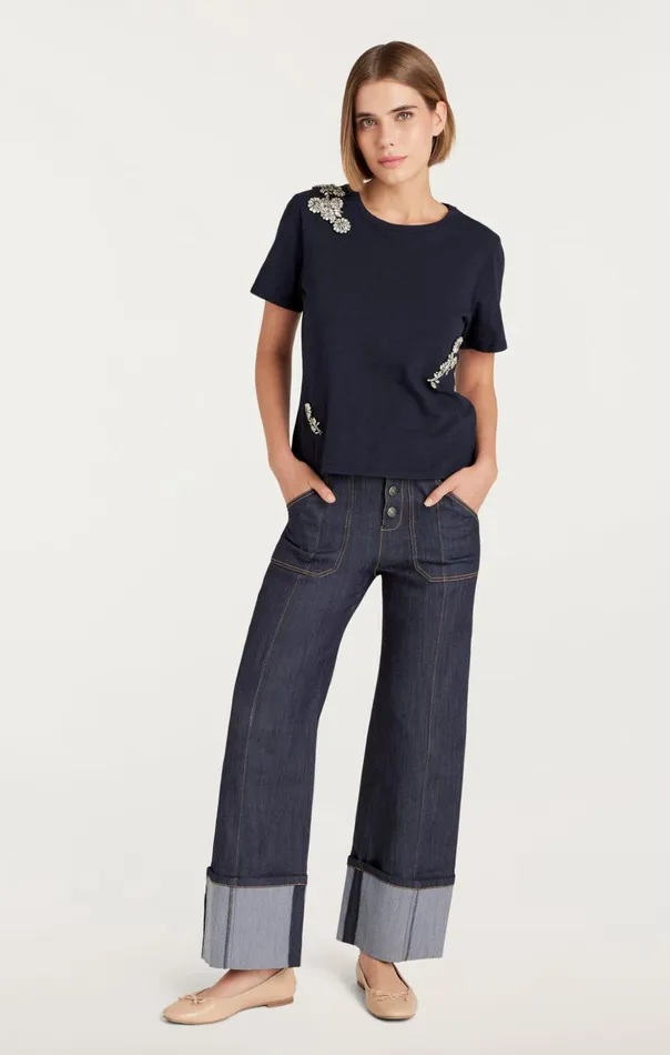 Women Cinq Sept Tees and Pullovers Crystal Chrysanthemum Shrunken Tee Navy