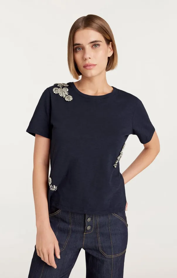Women Cinq Sept Tees and Pullovers Crystal Chrysanthemum Shrunken Tee Navy