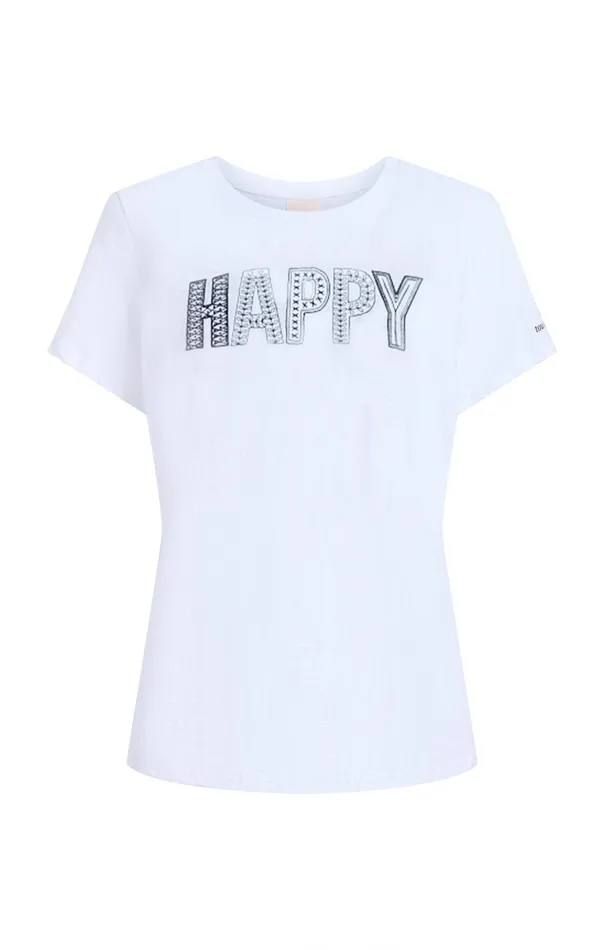 Women Cinq Sept Tees and Pullovers Embroidered Happy Tee Whitenavy