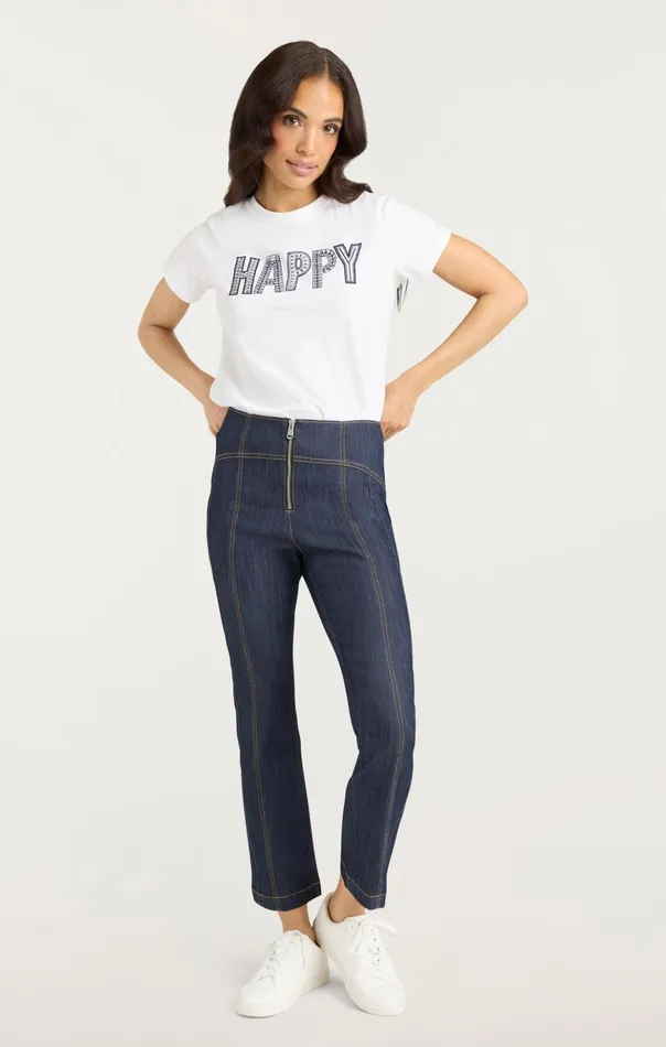 Women Cinq Sept Tees and Pullovers Embroidered Happy Tee Whitenavy