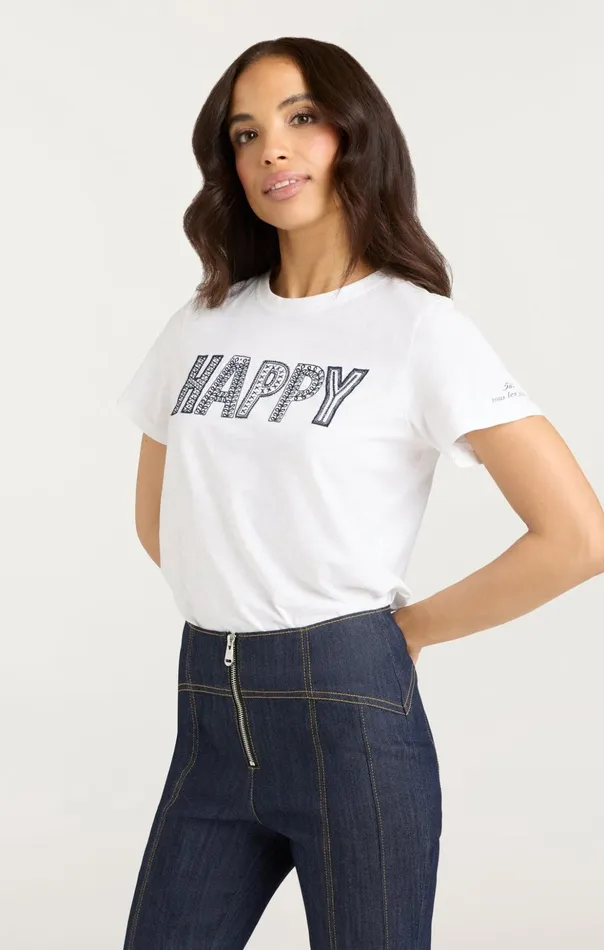 Women Cinq Sept Tees and Pullovers Embroidered Happy Tee Whitenavy