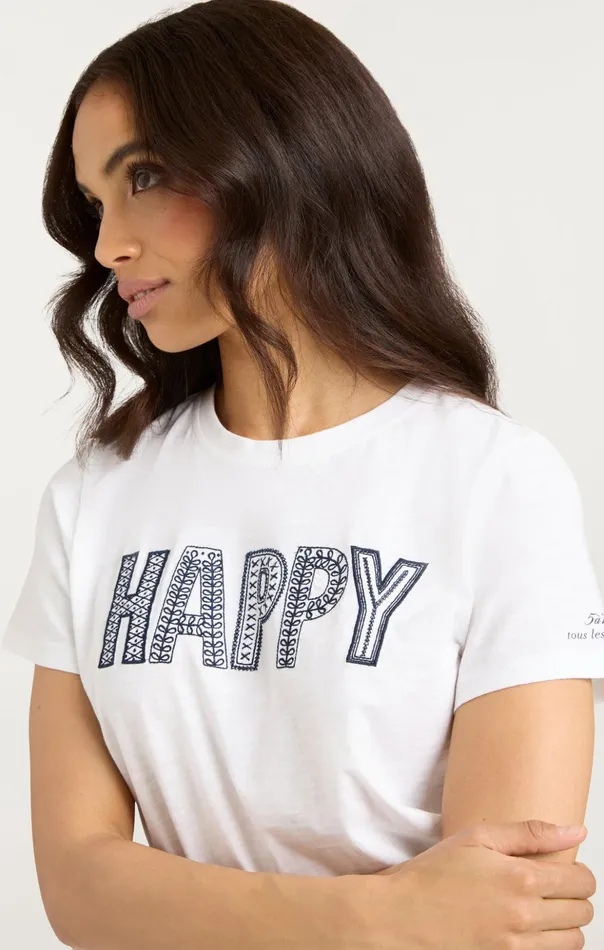 Women Cinq Sept Tees and Pullovers Embroidered Happy Tee Whitenavy