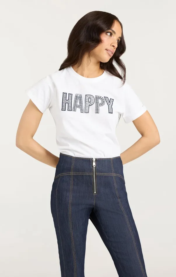 Women Cinq Sept Tees and Pullovers Embroidered Happy Tee Whitenavy