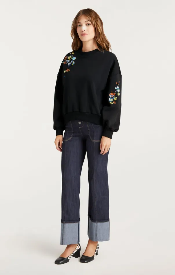 Women Cinq Sept Tees and Pullovers Sequin Flower Embellished Brandy Pullover Blackmulti