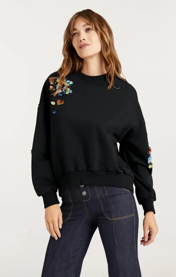 Women Cinq Sept Tees and Pullovers Sequin Flower Embellished Brandy Pullover Blackmulti