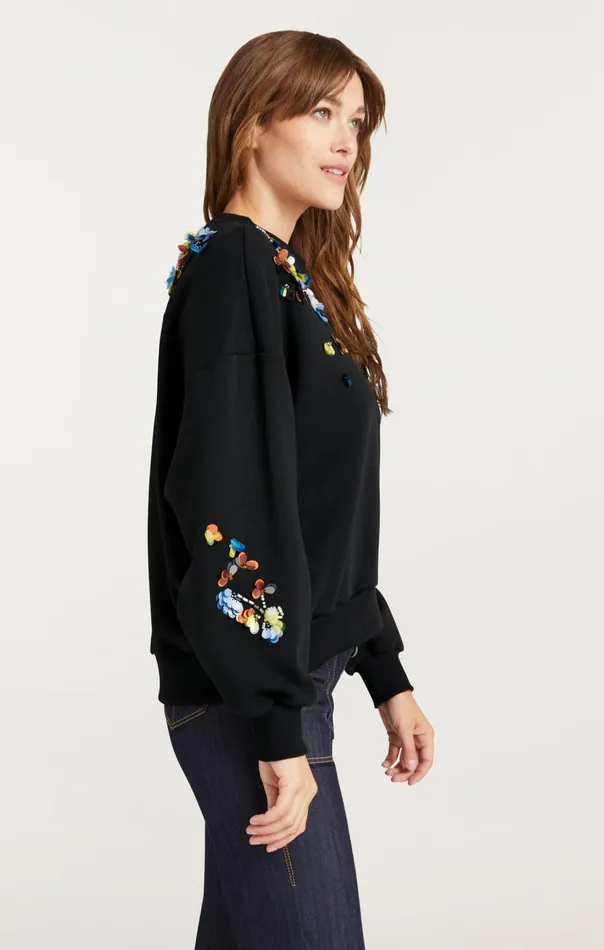 Women Cinq Sept Tees and Pullovers Sequin Flower Embellished Brandy Pullover Blackmulti