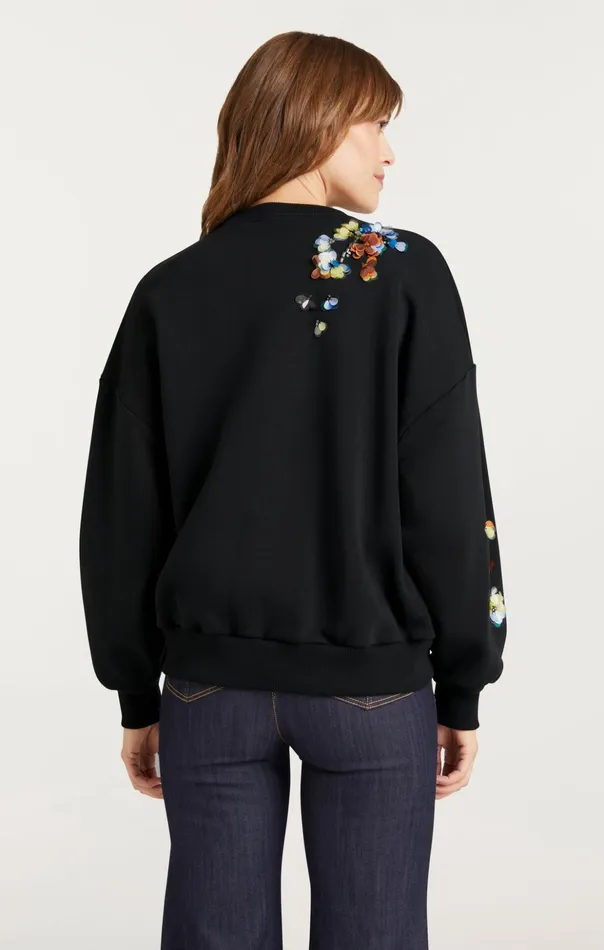 Women Cinq Sept Tees and Pullovers Sequin Flower Embellished Brandy Pullover Blackmulti