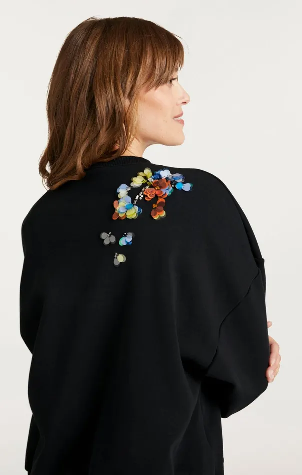 Women Cinq Sept Tees and Pullovers Sequin Flower Embellished Brandy Pullover Blackmulti