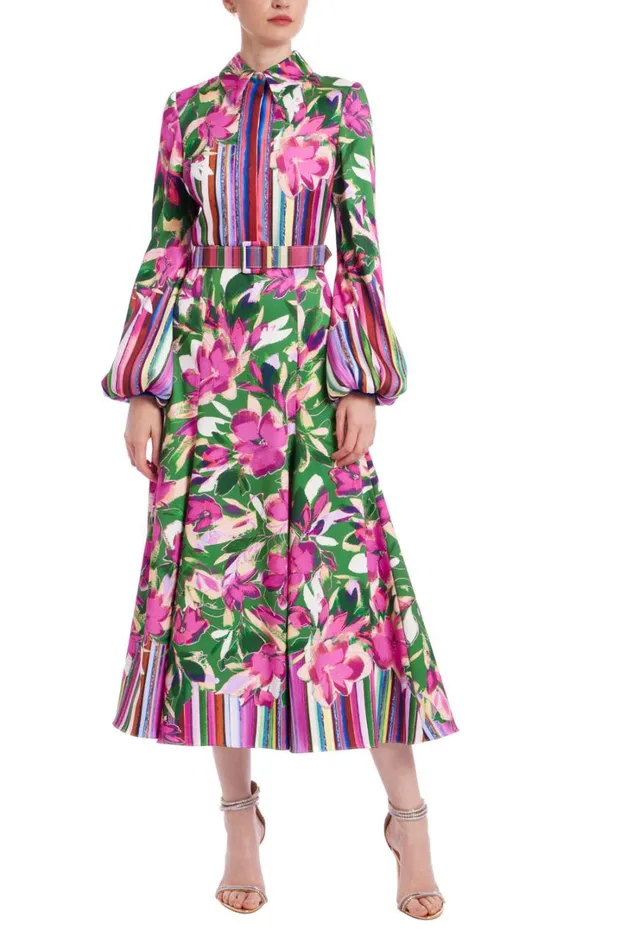 Women Cocktail Badgley Mischka Long Sleeve ALine Shirt Dress Emerald Multi