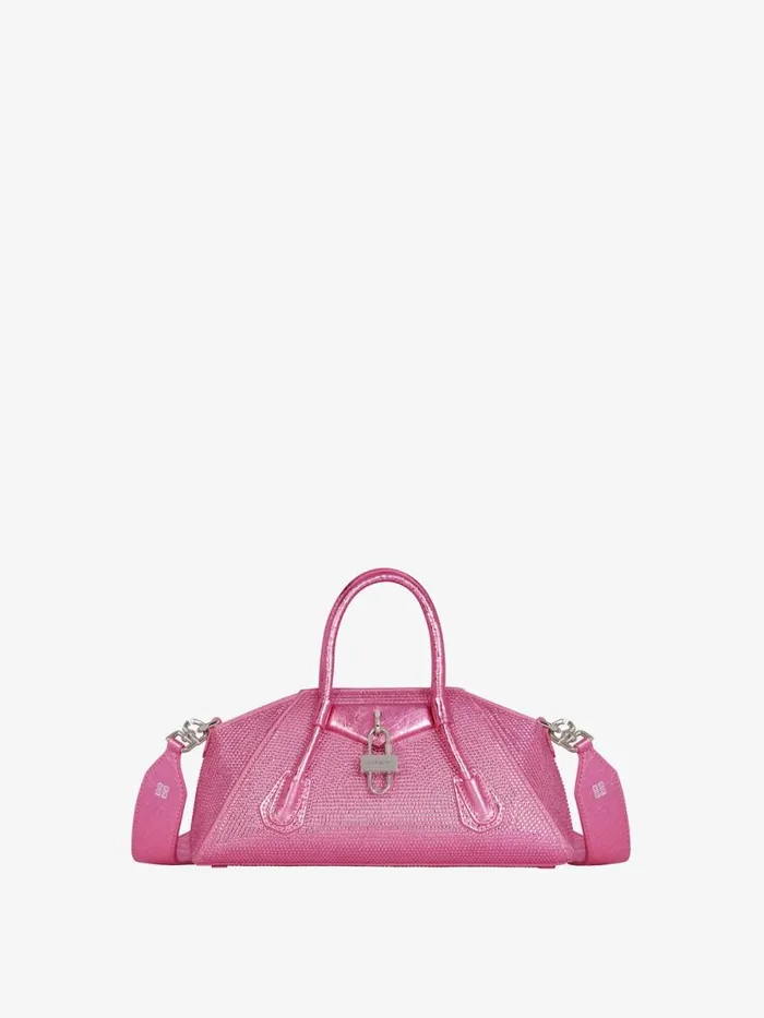 Women Crossbody Bags Givenchy Mini Antigona Stretch Bag In Satin And Strass Neon Pink