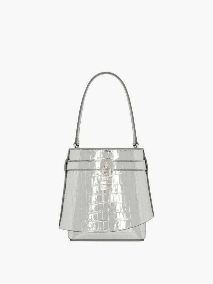 Women Crossbody Bags Givenchy Shark Lock Bucket Bag In Crocodile Effect Leather Light Silvery