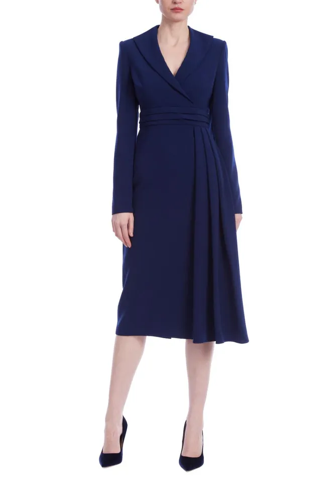 Women Day Badgley Mischka Long Sleeve Coat Dress With Pleated Waist Navy