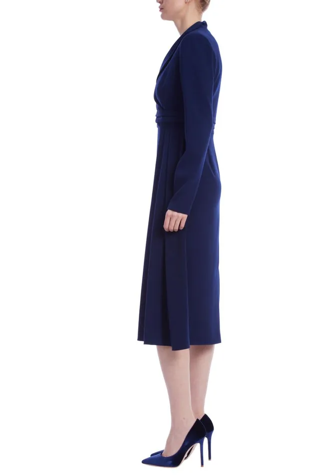 Women Day Badgley Mischka Long Sleeve Coat Dress With Pleated Waist Navy