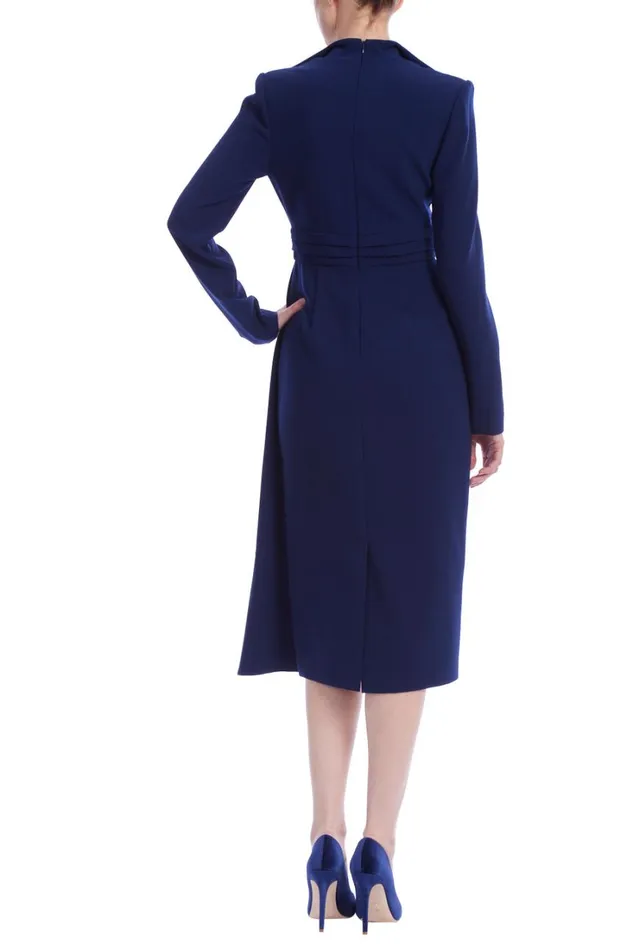 Women Day Badgley Mischka Long Sleeve Coat Dress With Pleated Waist Navy