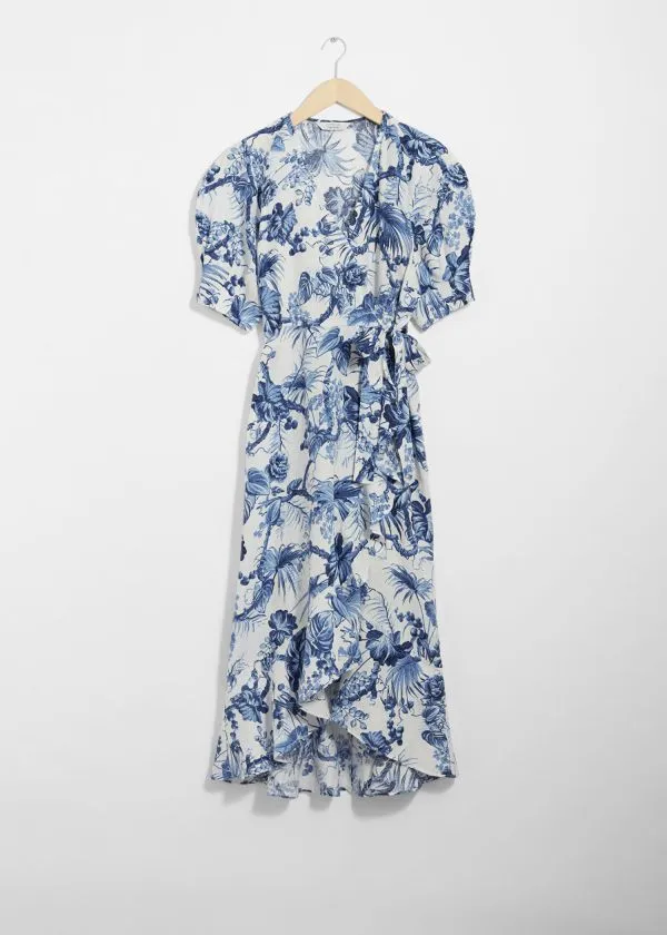 Women Dresses and Other Stories Linen Wrap Midi Dress Blue Florals
