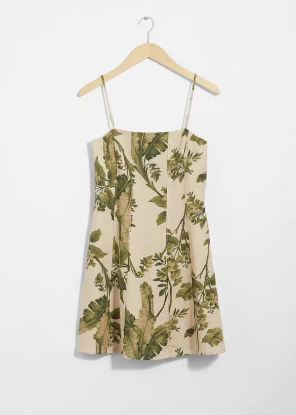 Women Dresses and Other Stories Strappy Linen Mini Dress Green Florals